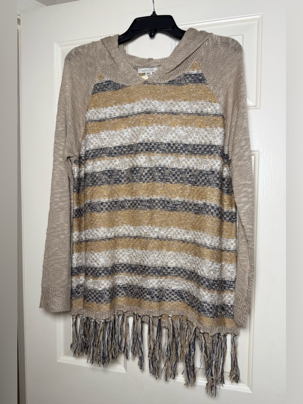 Cozy Casual Hooded Knit Sweater Pullover Fringe Hem
